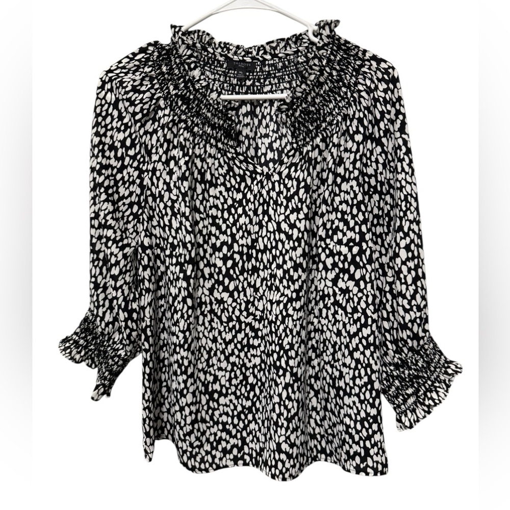 Talbots Petite Black White Abstract Smocked Split-Neck 3/4 Sleeve Blouse Size MP